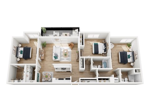 A top-down view of a modern apartment layout with a living room, kitchen, and two bedrooms.